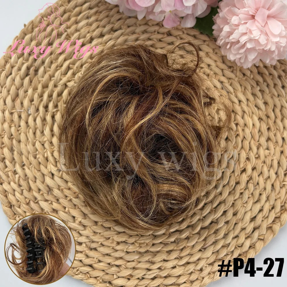 Brown Curly Claw Clip Messy Bun Ponytail Human Hair Extensions Black Blonde