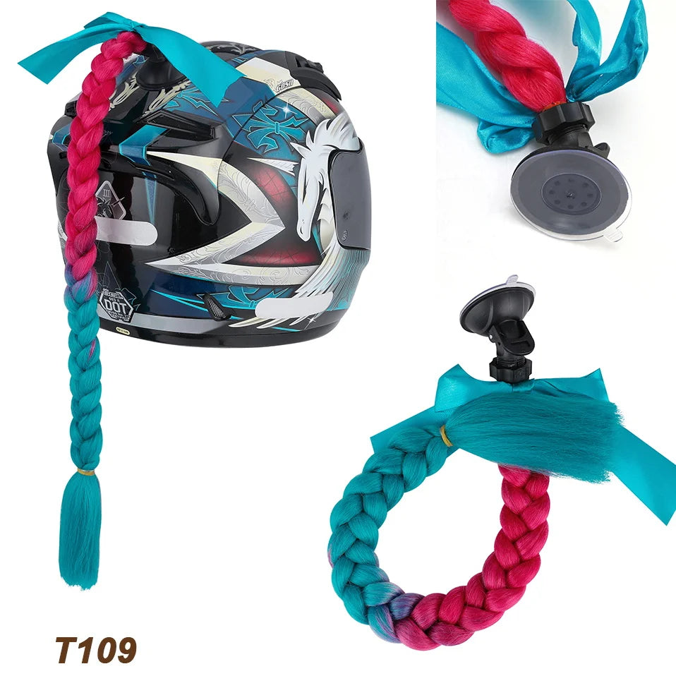 Synthetic Helmet Pigtails Gradient Ramp Braids Ponytail Hair Suction Cup Bowknot Motor