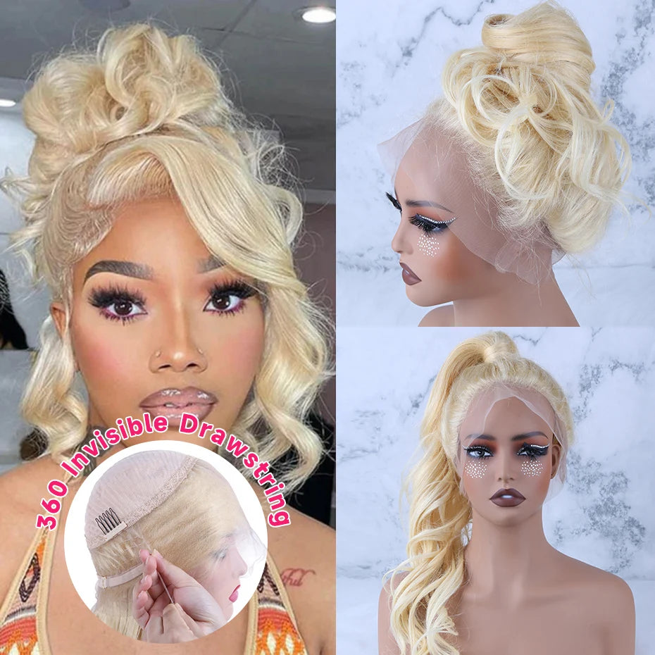 Invisible Drawstring 613 Blonde, 13x4 Body Wave Lace Front Wig Preplucked Brazilian