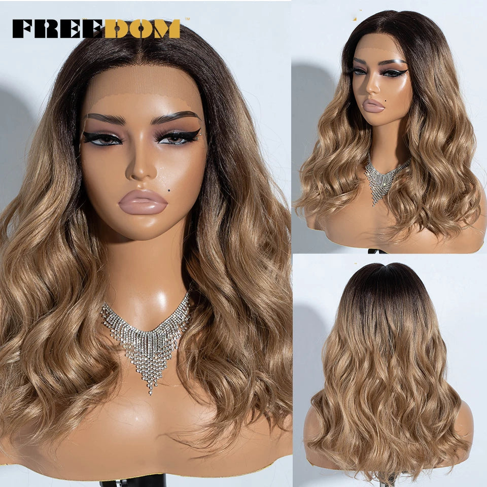 Highlight Synthetic Lace Front Wigs Natural Curly Wavy Ombre Brown Blonde Cosplay
