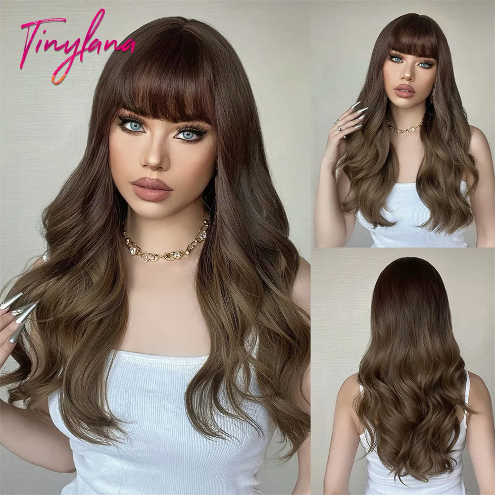Super Long Black Wavy Synthetic Wigs Bangs Afro Dark Water Wave Halloween