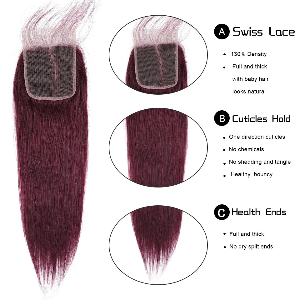Brazilian 99J 4x4 Straight Hair Closure 4*4 Lace 10''-20'', 100% Human Baby