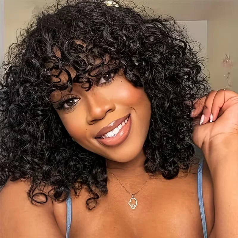 210% Density Curly Human Hair Wigs Bangs Glueless Short Bob Machine Made