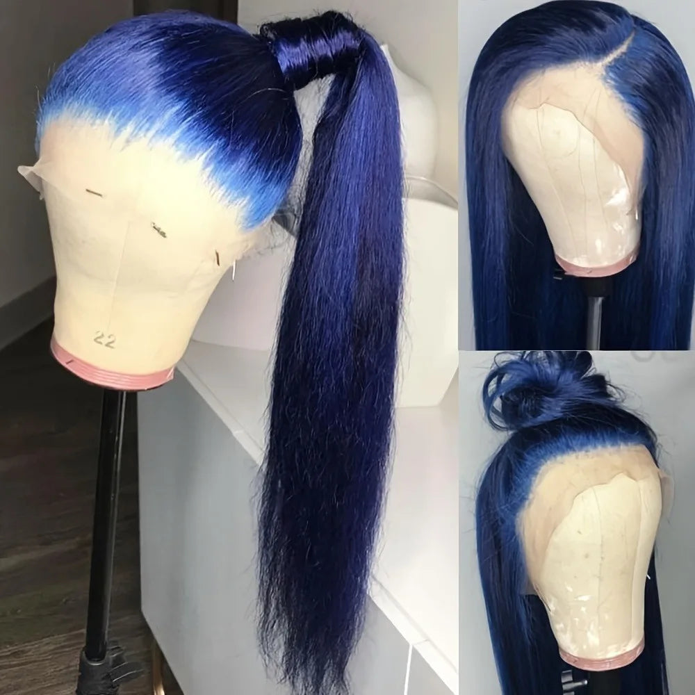 Midnight Blue Wig Long Straight Lace Fornt, 13x4 HD Glueless Synthetic Blend