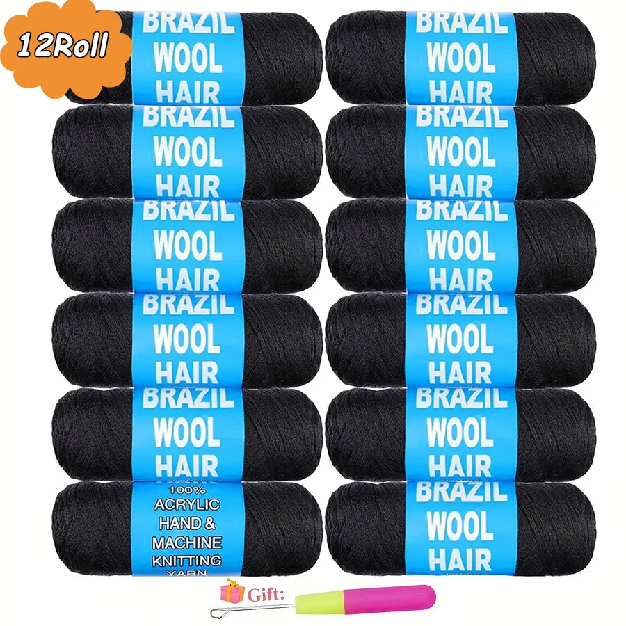 3-12Rolls Black Brazilian Wool Hair Acrylic Yarn For African Synthetic Crochet Hair Jumbo Braids Braids Twist Wraps70G/Roll