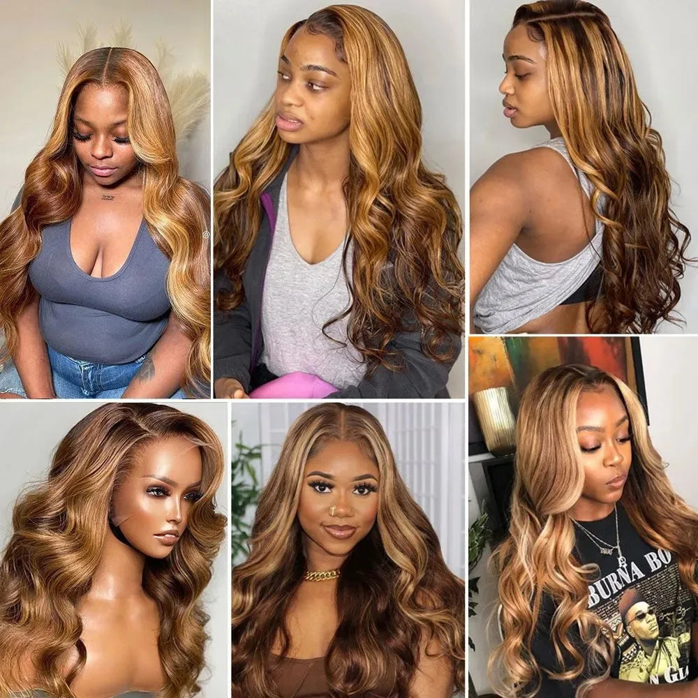 180% Density Brown Roots Ash Blonde Body Wave Lace Frontal Wig, 13x4, Ombre, Synthetic Blend