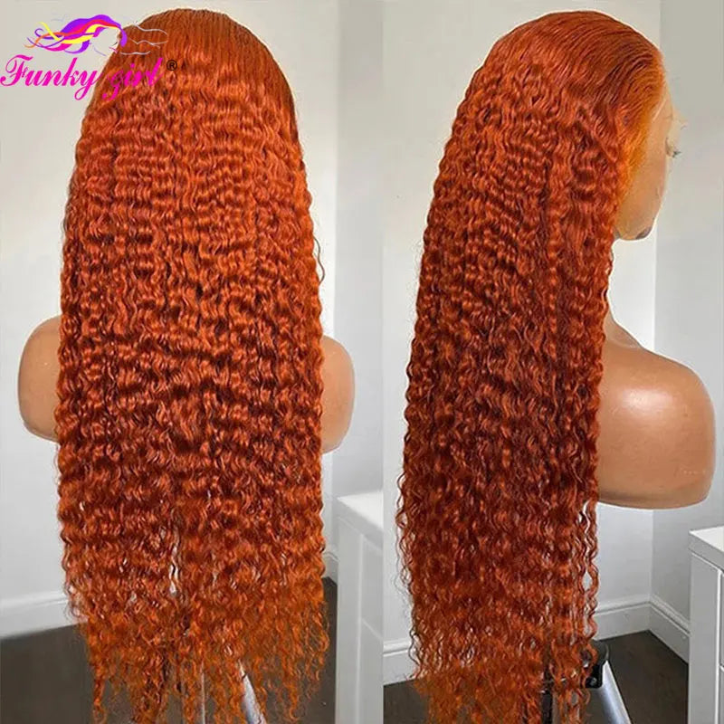 Ginger Water Wave Human Hair Wig, 13x4 Lace Front Brazilian Orange Color
