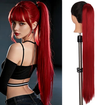 Tie Style Ponytail Extension Straight Ponytail 32 Inch Synthetic Hair Piece, Suitable 's Heat-Resistant (Red)