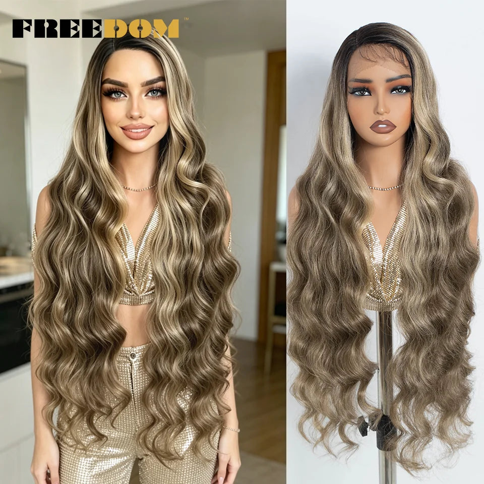 36" Long Wavy Synthetic Lace Front Wigs Ombre Brown Blonde Body Wave