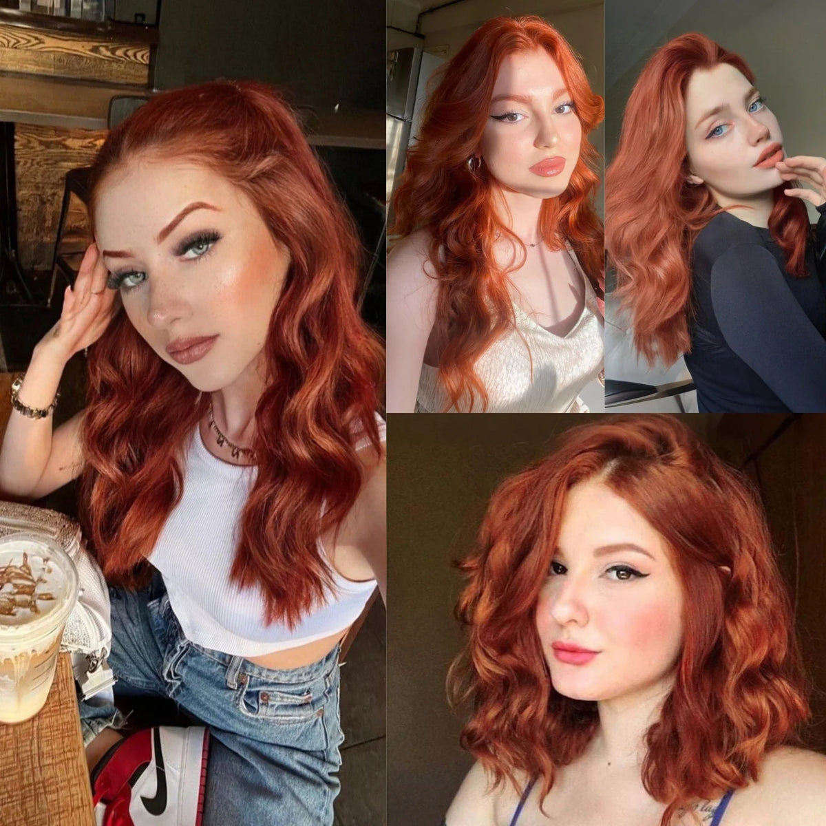 Auburn Short Copper Red Curly Wig Synthetic Part Medium Length Natural Wave