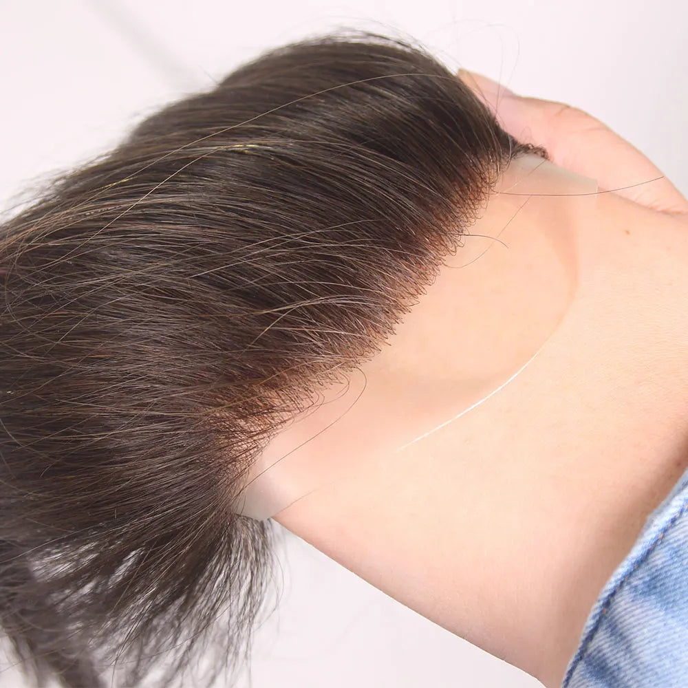 Front Toupee Mens Wig Natural PU Hairline, 100% Human Hair Piece Thin