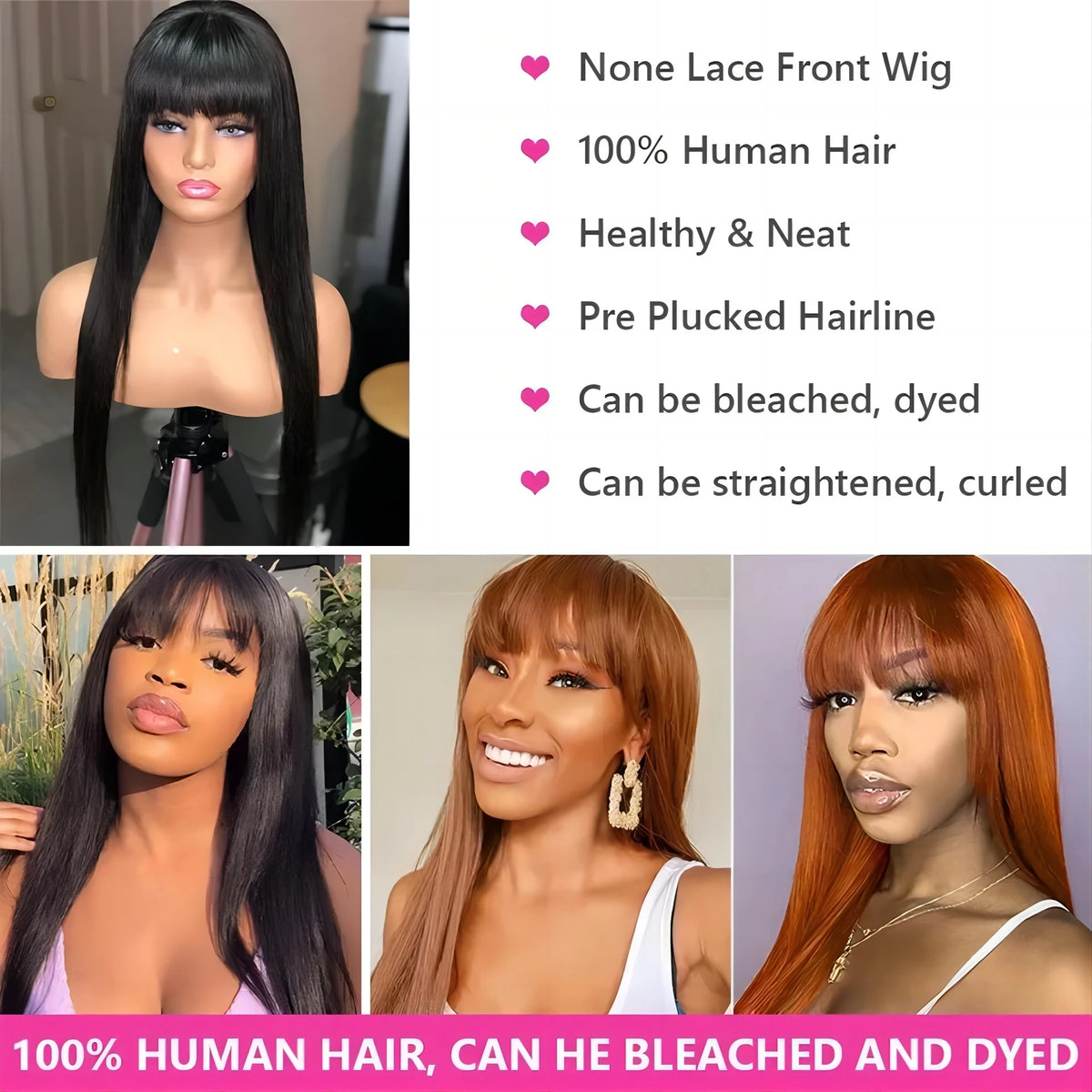 Peruvian Straight Full Machine Made Wig Bang, 180% Natural Human Hair Pre-plucked