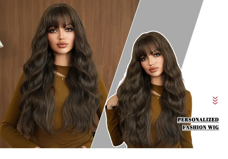 Long Wig Synthetic Wavy Light Brown Wigs Daily Party High Density Layered Wig With Bang