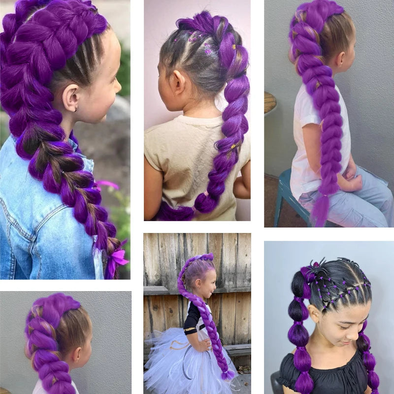 Synthetic Purple Hair Ponytail Wig Extension Braiding Kids Girls Tie Costume Party