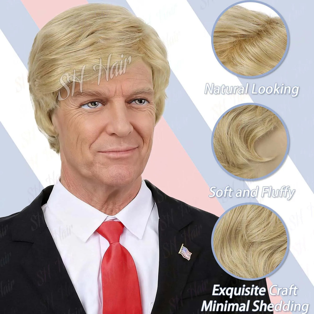 Synthetic Blonde Costume Wig + Flag Pin Red Tie Adults Layered Cosplay