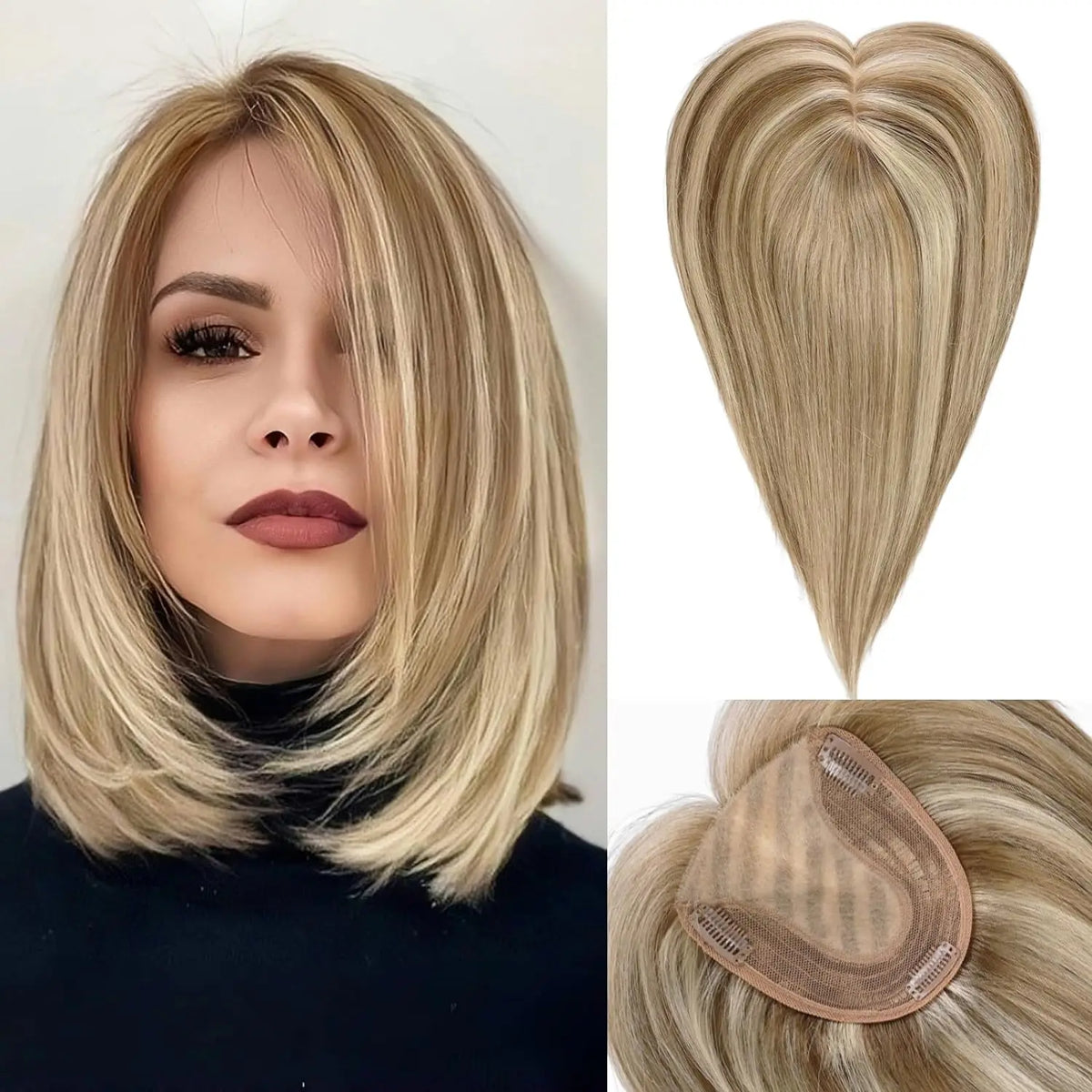 Straight Real Human Hair Topper No Bangs 5"*5.5" Base Brown Blonde Highlights