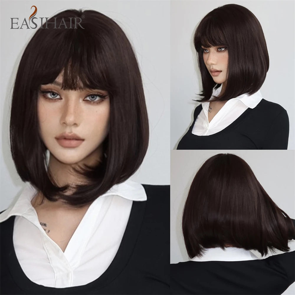 Short Straight Synthetic Wigs Bangs Dark Brown Black Bob Daily Cosplay Party