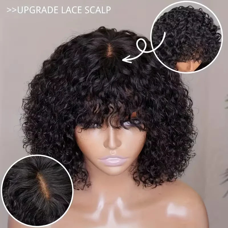 210% Density Curly Human Hair Wigs Bangs Glueless Short Bob Machine Made