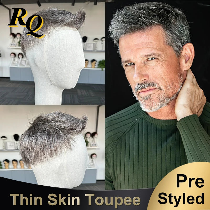 Pre Cut Styled Toupee Hair Thin Skin V Looped Human Replacement System