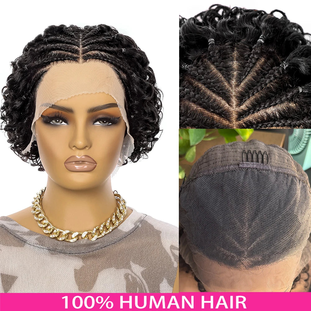 13x4 Curly Braid Human Hair Wigs Short Wave Lace Frontal Braided Pre