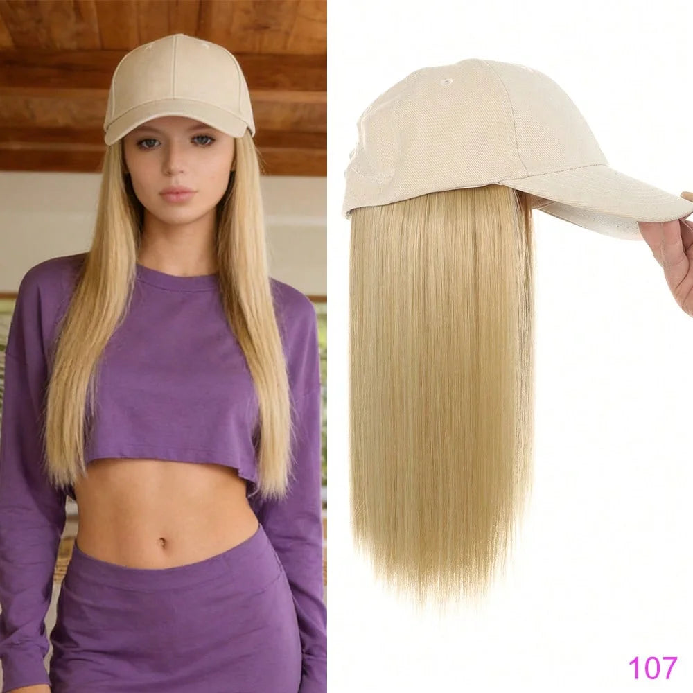 Synthetic Hat Wig with Long Straight Black Hair Baseball Cap Hair Extension Stylish & Convenient All-in-One Design