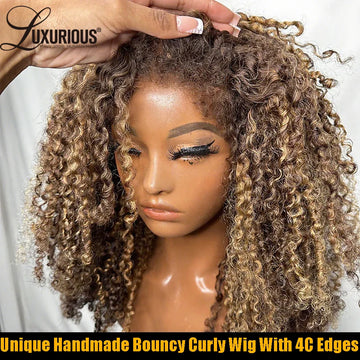 Highlight Ombre Honey Blonde Human Hair Wig 4c Edges, 13x4 Bouncy Curly