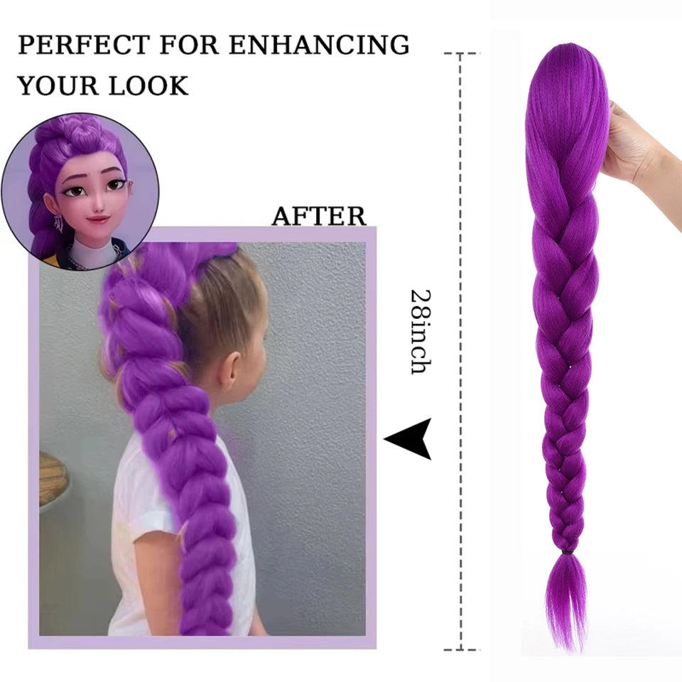 Purple Braided Synthetic Ponytail Extension, 28 Inch, Claw Clip