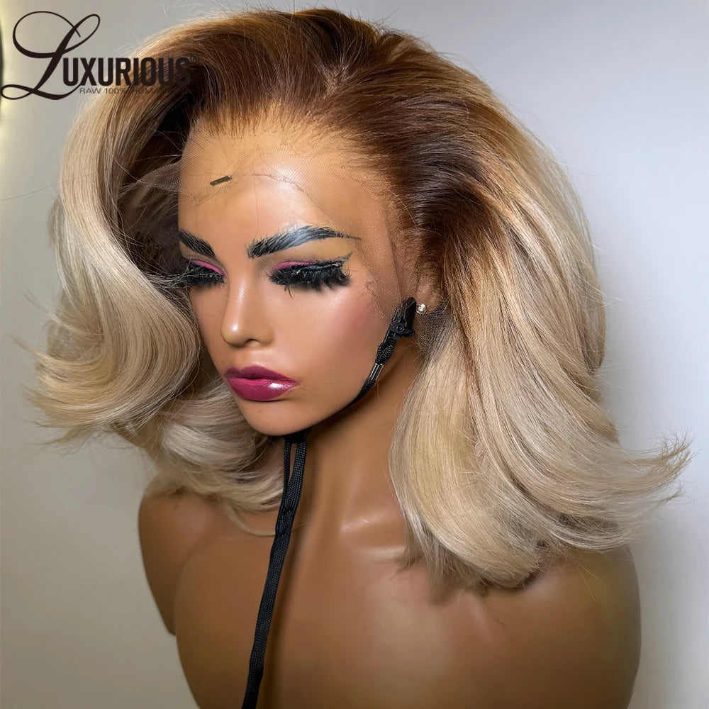 Ombre Honey Blonde Short Bob Human Hair Lace Wig, 13x6 and 13x4