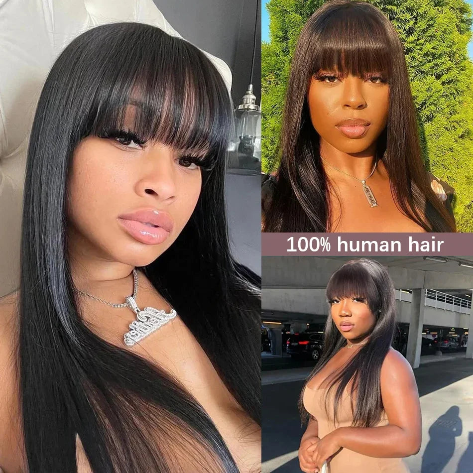 Straight Wigs Bangs Human Hair None Lace Front Brazilian Virgin Glueless Machine