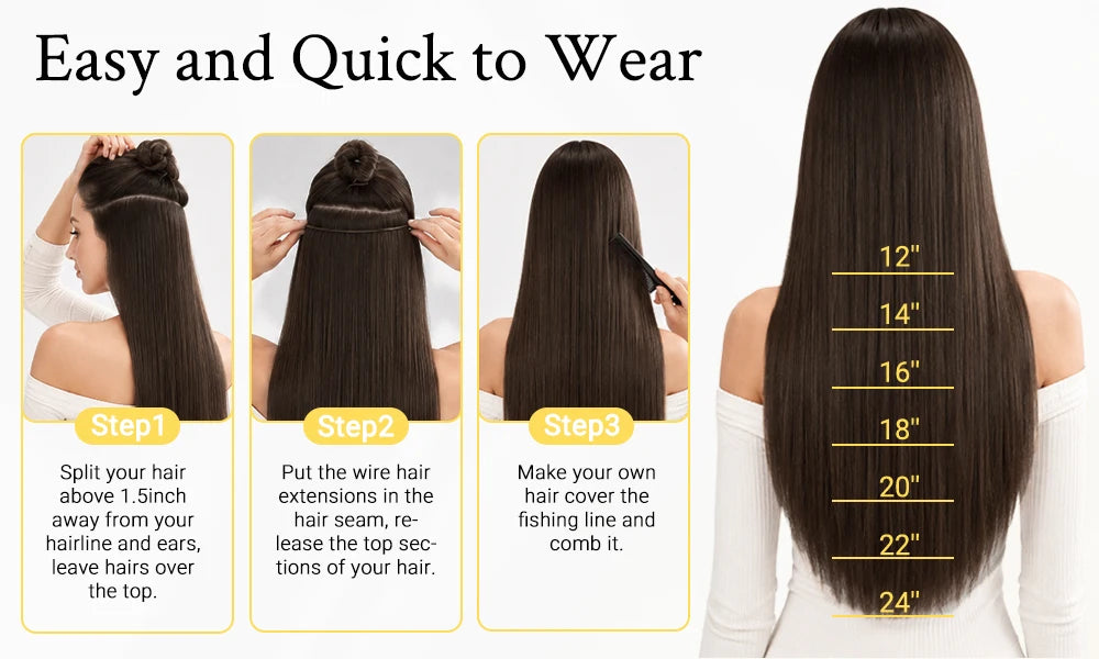 Wire in Hair Extensions Real Human Balayage Dark Brown To Chestnut Invisible