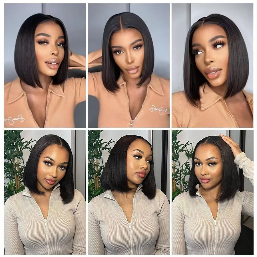 Straight Glueless Short Bob Wig Human Hair Ready To Wear Transparent Pre