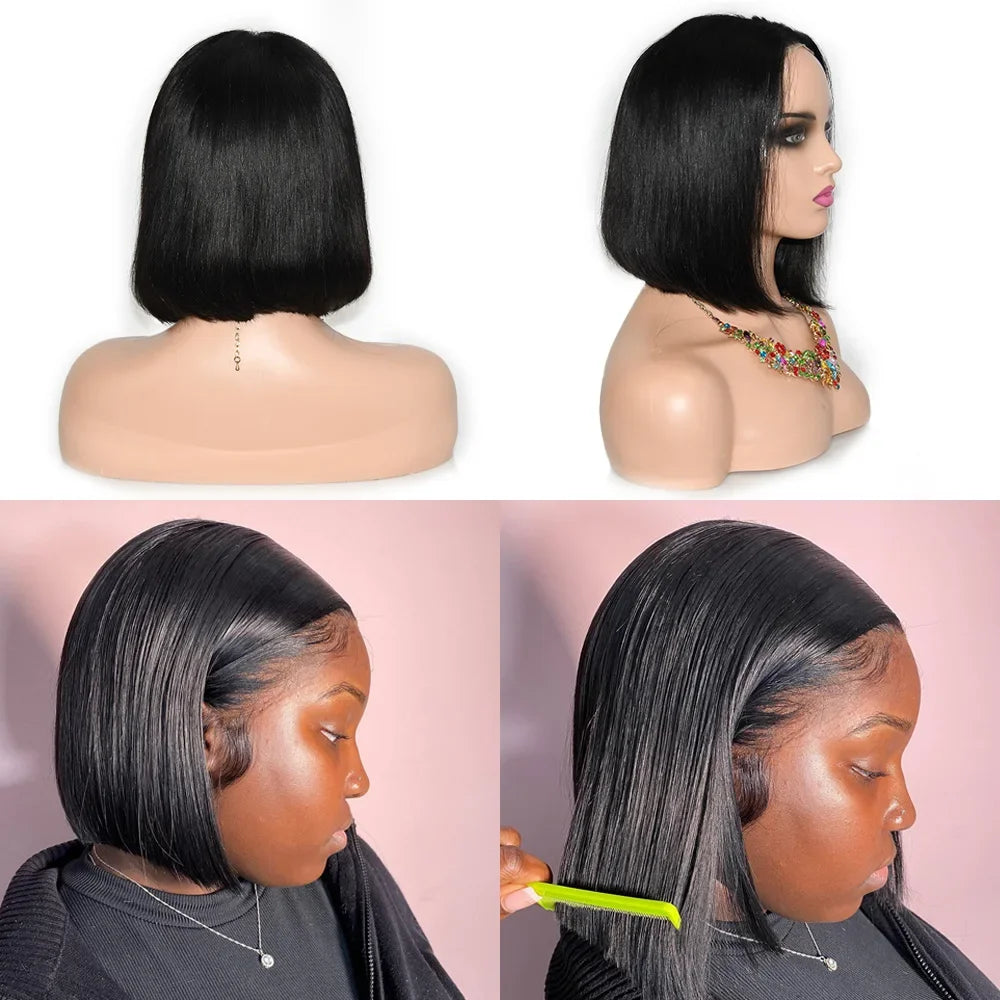 Straight Glueless Short Bob Wig Human Hair Ready To Wear Transparent Pre