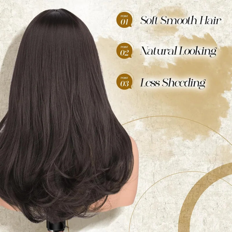 Brown Long Straight Wigs With Bangs, Synthetic Natural Looking Layered Straight Hair Wig Daily Party Use 18 Inch