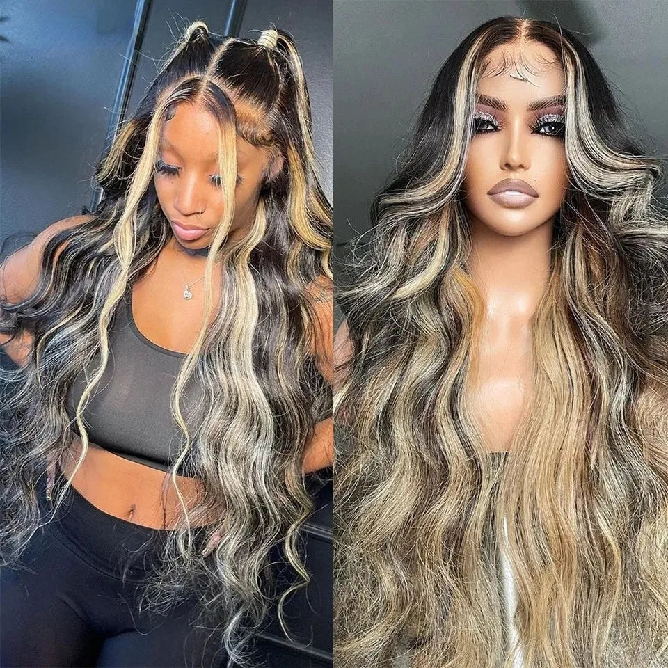 180% Density Brown Roots Ash Blonde Body Wave Lace Frontal Wig, 13x4, Ombre, Synthetic Blend
