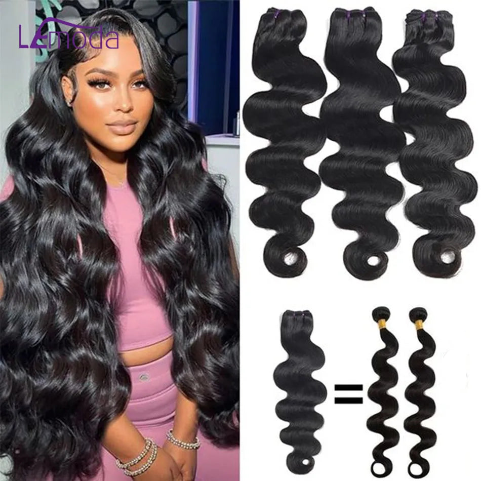 Body Wave 15A Human Hair Bundles, 30-32 Inch Unprocessed Virgin, Natural Black