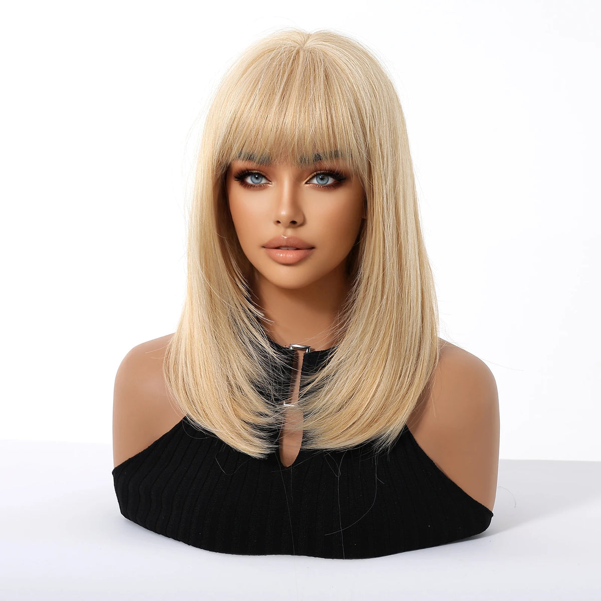 Blonde Straight Synthetic Wigs Bang Medium Length Natural Hair Daily Cosplay Heat