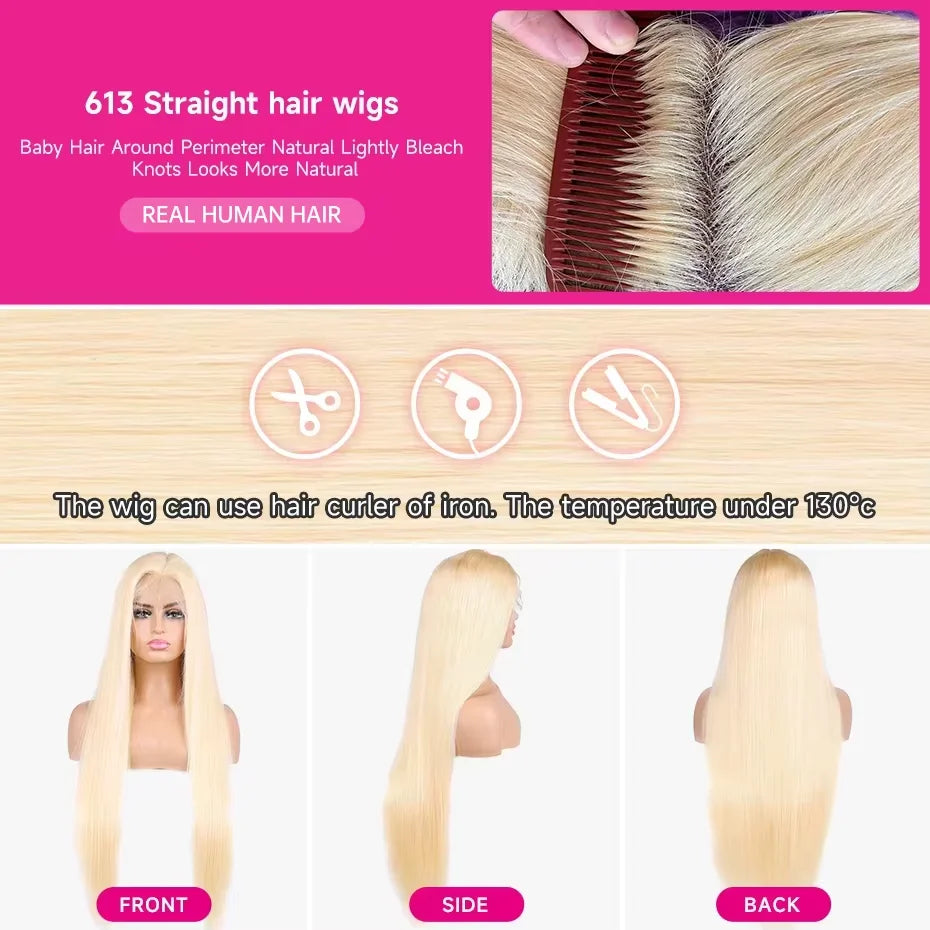 613 Honey Blonde Straight Human Hair Lace Frontal Wig, 13x6 13x4, Pre-Plucked, Brazilian