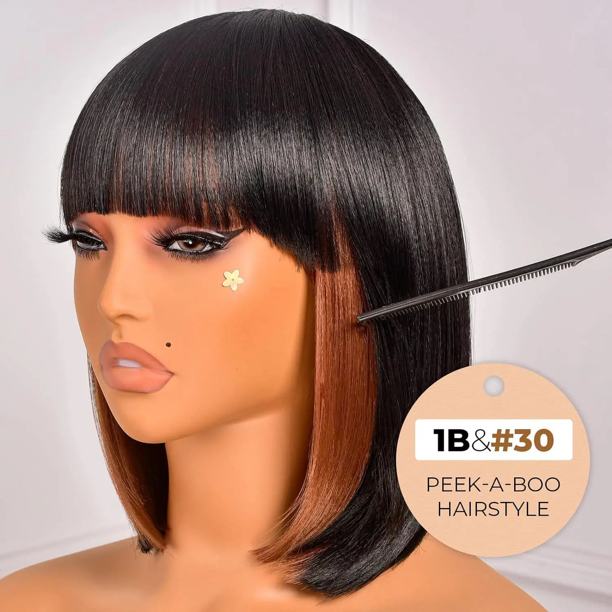 Bob Wig With Bangs - 14 Inch Peek-a-boo Color Short Bob Wig Black Mix Brown Daily Costume Wigs, Light Synthetic