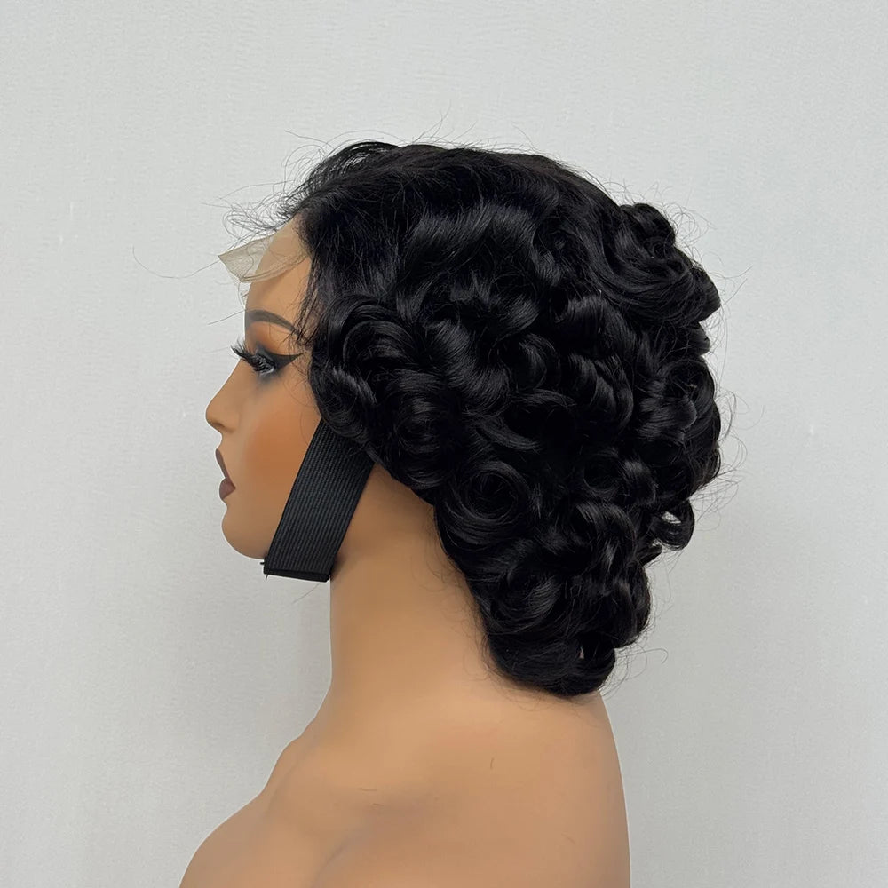 4x4 Lace Closure Wig Short Bouncy Texture Pixie Hair Real Human, 200%