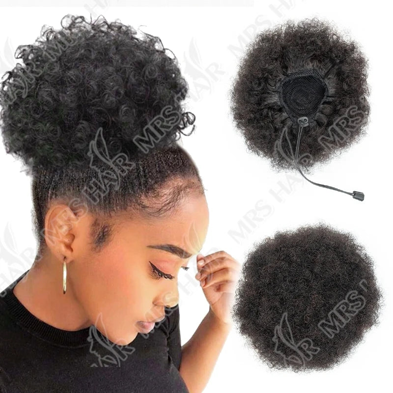 Curly Human Hair Ponytail Afro Kinky Puff Drawstring Bun Piece Clip in