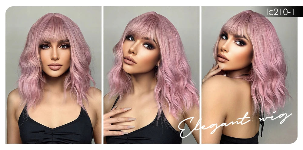 Pink BOBO Synthetic Wigs Short Natural Wave Hair Wig Party Daily High Density Heat Resistant