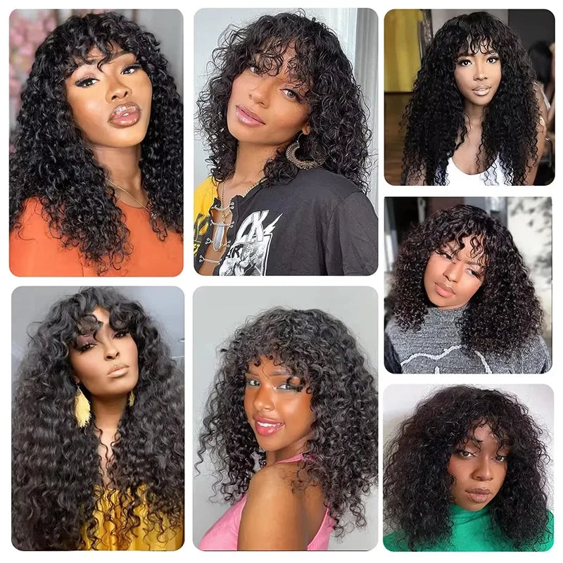Water Wave Human Hair Wigs Bangs 1B Black Not Lace Natural Color