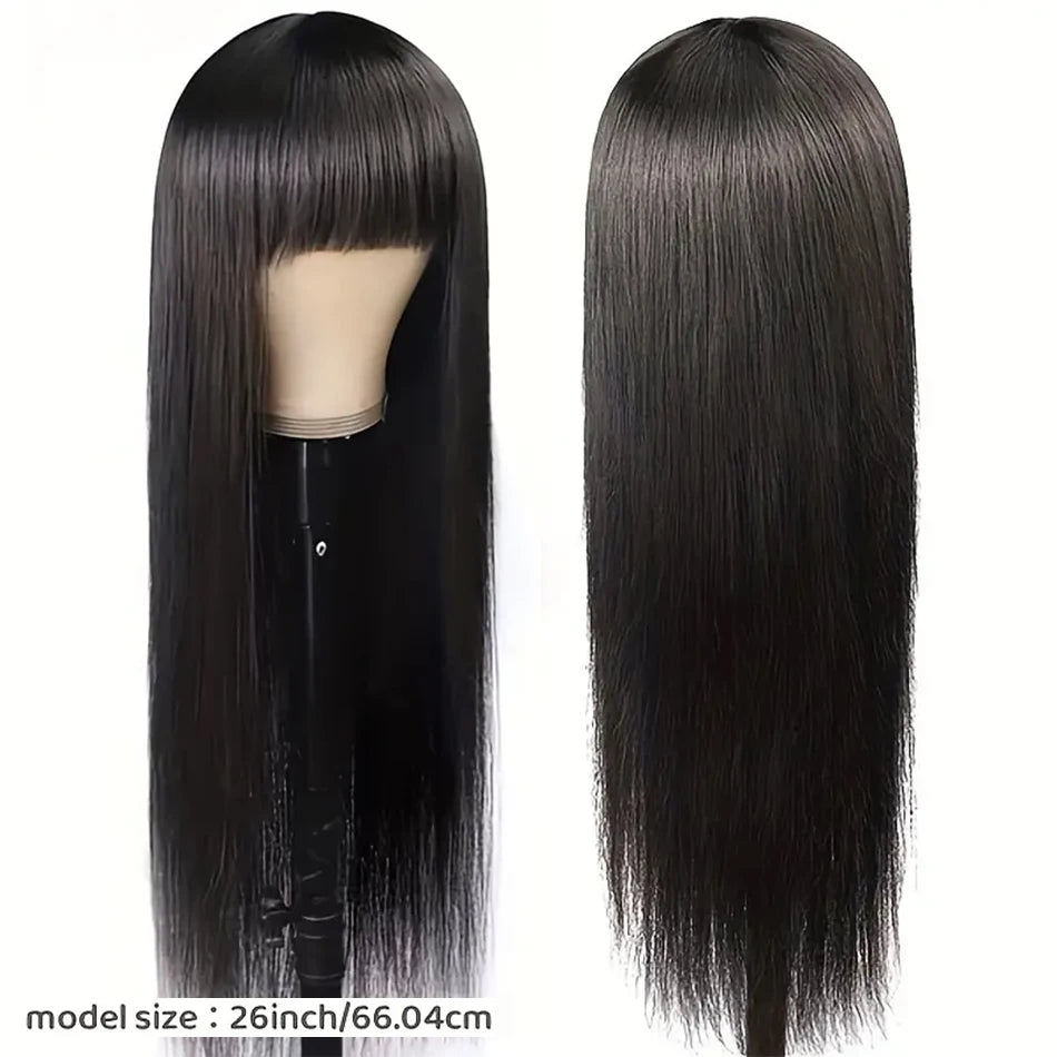 Peruvian Straight Full Machine Made Wig Bang, 180% Natural Human Hair Pre-plucked