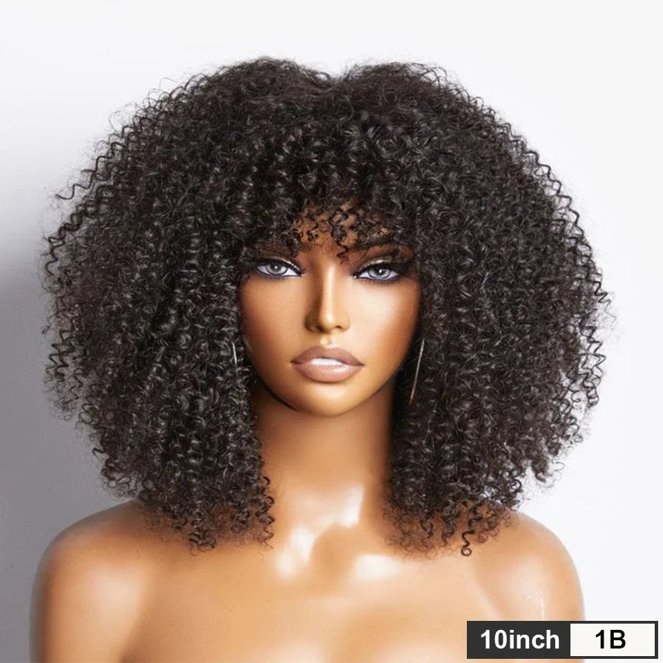 Brazilian Short Curly Human Hair Wig Natural Brown Color Afro Kinky Bangs