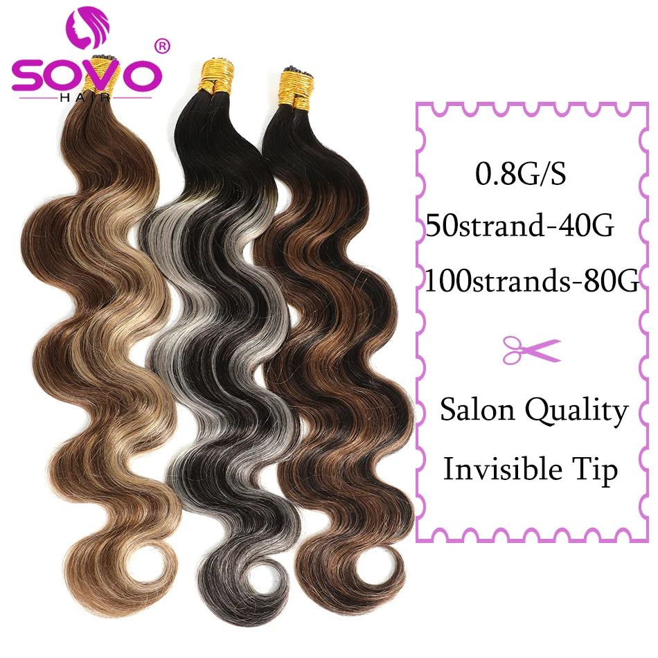 Pre Bonded Keratin Stick I-Tip Remy Human Hair Extension Hot Fusion Hair Piece Smooth Body Wave 0.8 G/Strand For Salon Supply