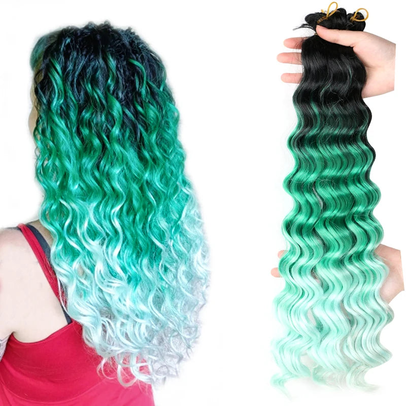 20“Deep Curly Synthetic Hair Deep Wave Bulk Crochet Braid Black Ombre Blue