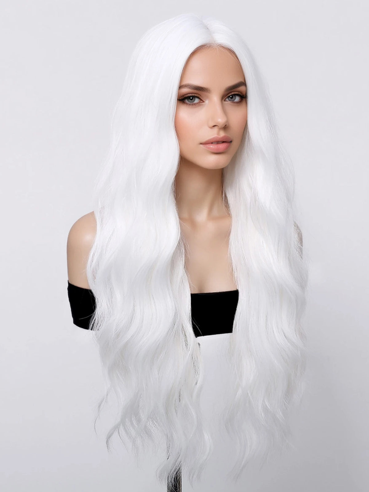 Long Curly Silver White Synthetic Wavy Wig Medium Part Water Wave Daily