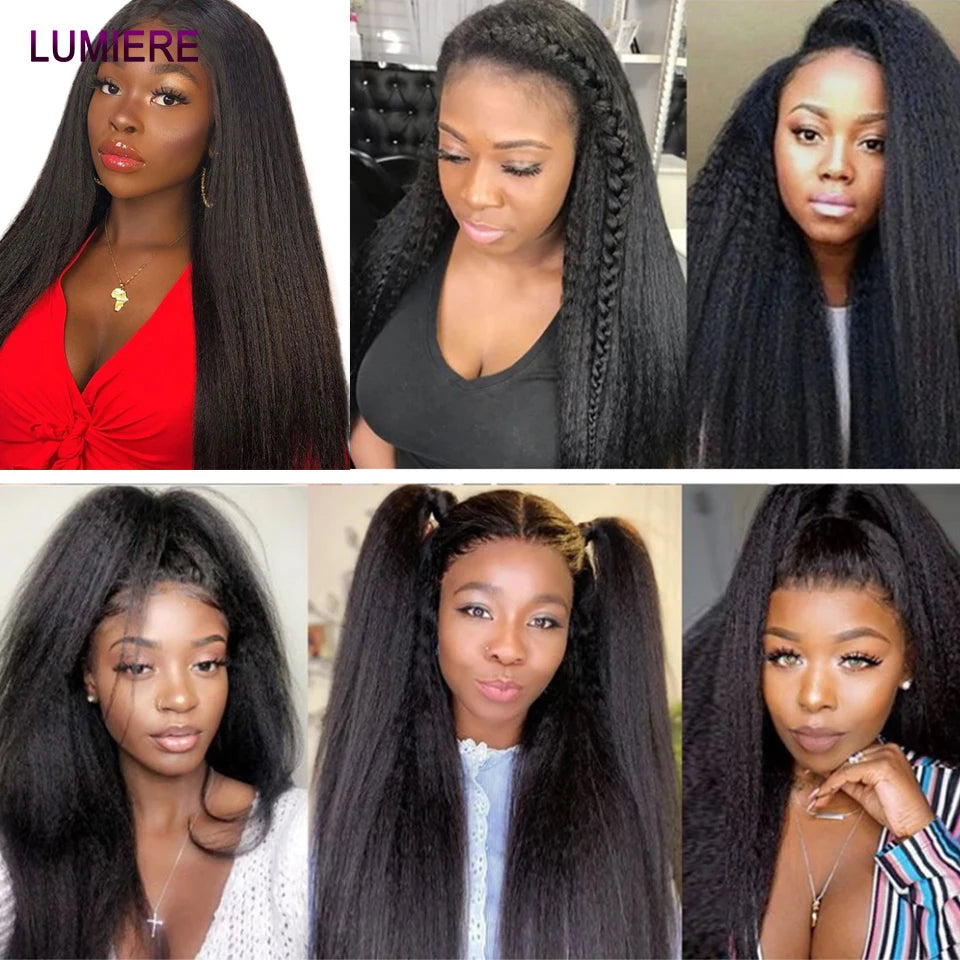 Kinky Yaki Straight Human Hair Bundles Closure Frontal HD Transparent Brazilian Deep
