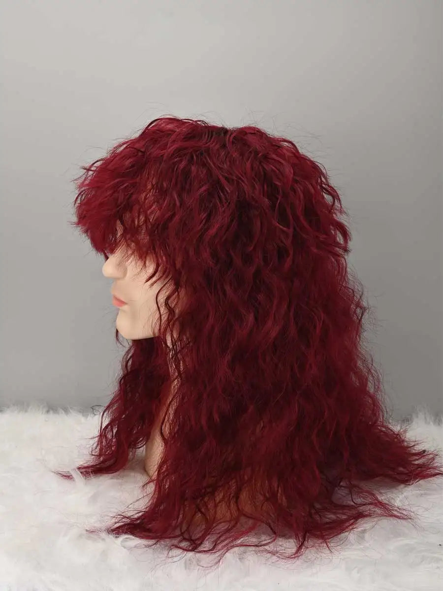 Long Curly Wine Red Gradient White Wig 70s 80s Rocker Mullet Party