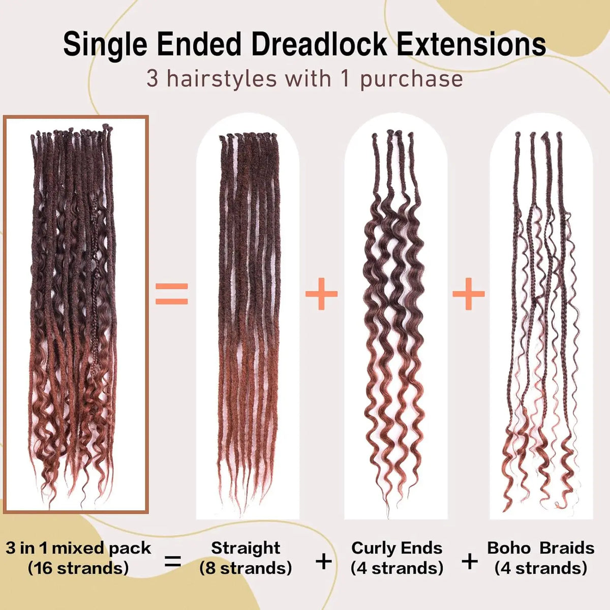 Synthetic 16Strands/Lot SE Dreadlocks Braids 24 Inch Hair Extensions, 3 In 1 Mixed Hippie Style Single End Dreadslocks